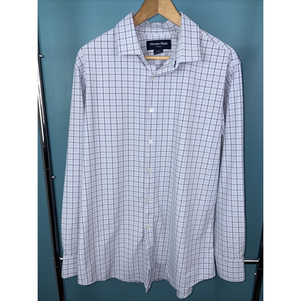 Mizzen Main Men White Blue Plaid Check Performance Trim Fit Button Shirt Large